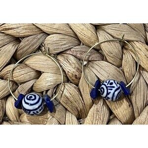 Earrings Porcelain Ceramic Blue & White Gold Tone Hoops